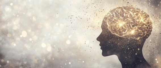 Obraz premium Silhouette of a person with a luminous brain, representing creativity and knowledge in a dreamy, abstract background