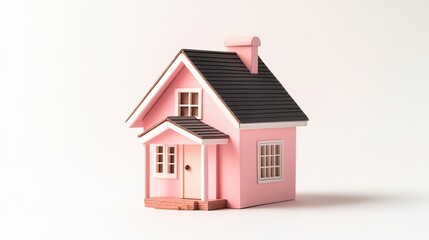 Tiny pink house model with simple design pitched roof clean aesthetic vibrant and playful isolated on a white backdrop 