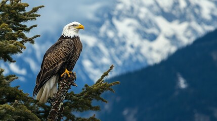 A majestic bald eagle perched on a tree branch is shown
