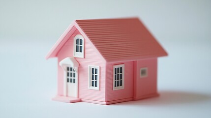 Tiny pink house model with sleek design and cheerful tones smooth textures sharp focus crisp and clean on white background.  