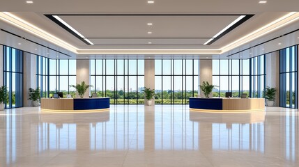 Fototapeta premium Modern Office Reception Area With City View and Natural Light