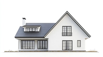 Traditional-style house mockup simple clean lines symmetrical roof crisp and sharp isolated on a pure white background side view.  