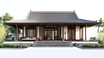 Obraz premium Traditional minimalist home with clean facades simple roof and natural textures sharp contrast isolated on white background frontal view. 
