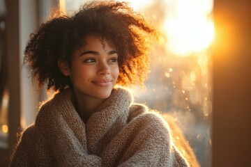 Serene Moment in Sunlight: A woman, wrapped in a cozy embrace, basks in the warm glow of sunlight streaming through a window, her gaze fixed in thoughtful reflection.