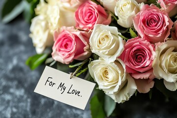 Floral Romance: A romantic display of roses in full bloom, with a card saying "For My Love", perfect for conveying affection or celebrating love.