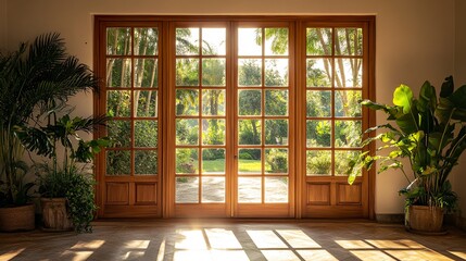 Warm-toned wooden French doors open to a sunny outdoor veranda soft light filters through modern and inviting aesthetic.  