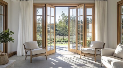 Fototapeta premium Warm-toned wooden French doors open to a sunny outdoor veranda soft light filters through modern and inviting aesthetic. 
