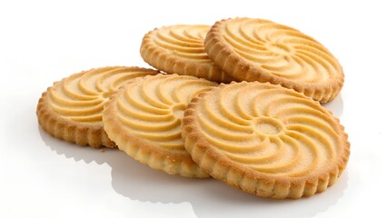 five round shortbread biscuits isolated on white.