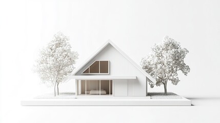 White model house smooth surfaces triangular roof and clean minimal design sharp focus isolated against bright white background. 