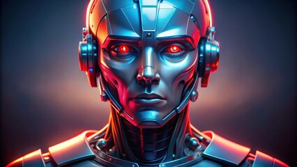 Close-up Portrait of a Futuristic Metal Android with Glowing Red Eyes and Headset