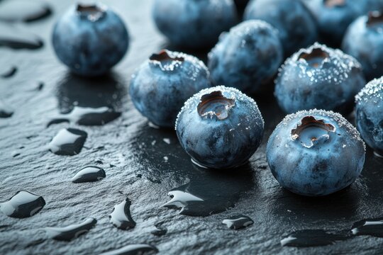 Juicy Blueberries: A close-up view of plump, fresh blueberries glistening with droplets of water, inviting viewers to savor the image