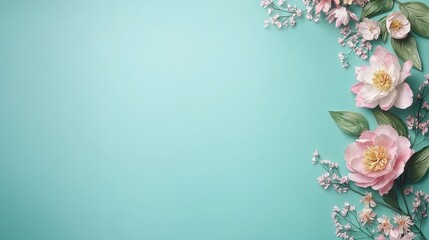Pink And White Peonies On Teal Background Delicate Floral Flat Lay