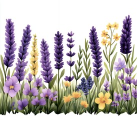 Fototapeta premium Vibrant Purple and Yellow Wildflower Meadow Against White Background