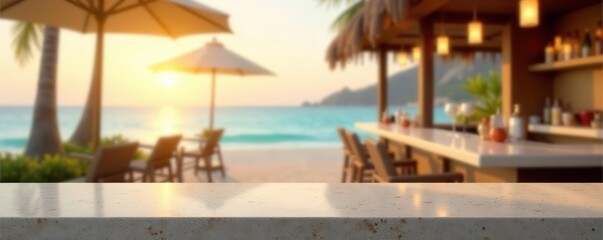 Polished stone countertop with blurred tropical beachside bar background and golden hour sunlight, product display mockup,  countertop,  bar