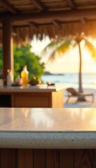 Polished stone countertop with blurred tropical beachside bar background, golden hour sunlight, product display,  beachside,  background