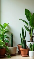 Obraz premium Stylish home garden interior with beautiful plants, cacti, succulents, and air plants in various pots Home gardening concept, jungle vibes, air plants, home gardening