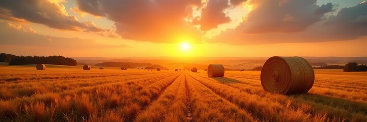 Summer sunset casting a golden glow over a vast rural landscape dotted with hay bales,  serene,  countryside