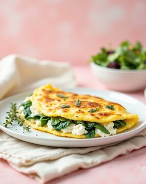 Fluffy omelette with spinach and cottage cheese on a white plate