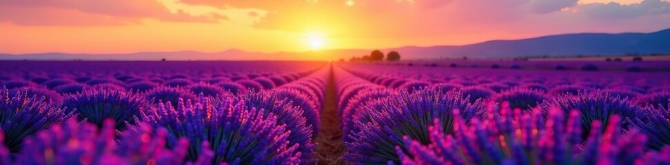 Obraz premium Sunset illuminating a vast purple lavender field in the French Provence, blooming, flowers