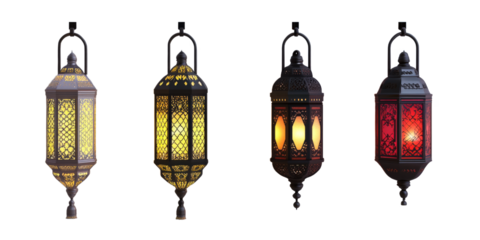 Four ornate vintage lanterns with intricate patterns and various colors on a white background