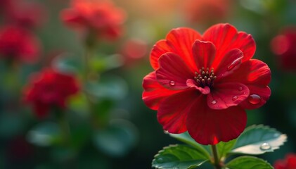 Fototapeta premium Red Geranium flowers blooming beautifully with glistening water droplets, red, vibrant