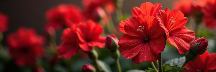 Fototapeta premium Red Geranium flowers in full bloom glistening with water droplets, symbolizing vitality and growth, plant, geranium