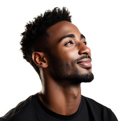 Obraz premium A Man with a Relaxed Smile Looking Up Isolated on Transparent Background