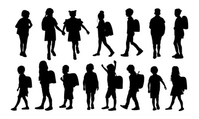 Set of different Kids silhouettes standing, walking, running to school.  Elementary, middle school pupils characters. Vector black monochrome illustrations isolated