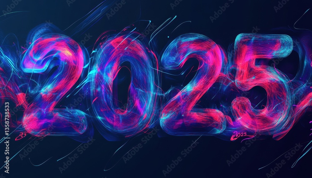 Aufkleber Abstract 2025 Glowing Particle Numbers on Dark Background
