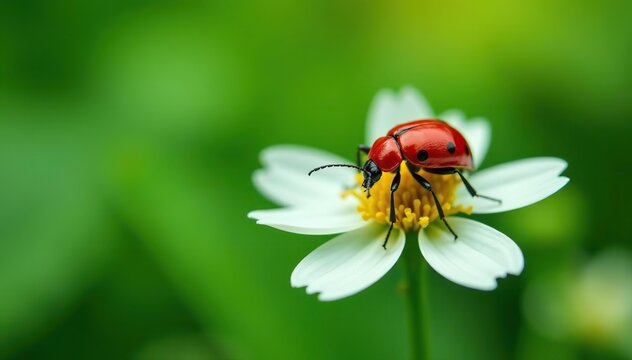 Red trichodes beetle crawling on delicate white falcaria flowers set against a lush green background,  beauty in nature,  macro