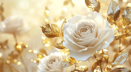 3D white roses with golden leaves, golden glitter bokeh background