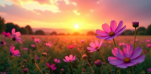 Retro photo of cosmos flowers and wild plants at sunset in soft tones,  soft tones,  serene