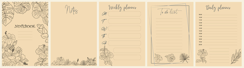 Notebook pages and cover template with line art hibiscus flowers and tropical leaves. Planner, diary, notepad, organizer with exotic floral design. Vector cards, notes paper sheet illustrations. © Creative_Juice_Art