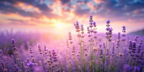 Naklejka premium Serene Sunset Lavender Field A breathtaking panorama of purple blossoms bathed in the warm glow of the evening sun, showcasing the beauty of nature's vibrant hues and delicate floral details.