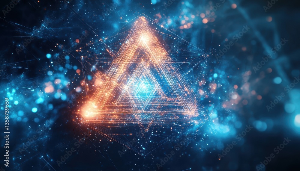 Poster abstract glowing triangle of particles in blue and orange