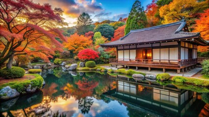 Fototapeta premium Serene Autumnal Pavilion Reflecting in a Tranquil Pond, Surrounded by Vibrant Maple Trees