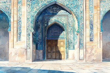 Watercolor painting of a peaceful mosque entrance with blue-tiled walls and graceful archways. Sunlight gently touches the ornate carvings, on isolated white background 