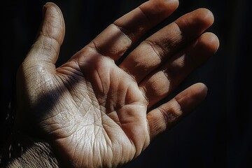 Fototapeta premium A highly detailed image of a hand, showing the fine lines, wrinkles, and pores on the skin. Tiny hairs catch the light, while the play of shadow emphasizes the depth of each crease.