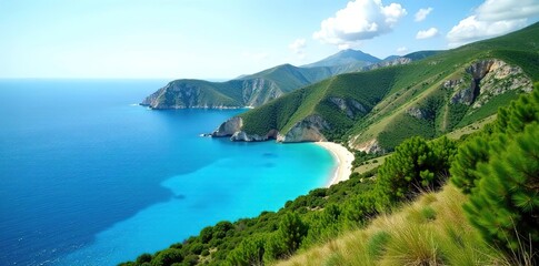Fototapeta premium Rolling hills covered in lush greenery leading down to a crystal blue coastline in Cyprus, blue, peaceful