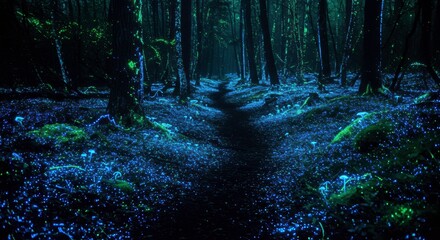Fototapeta premium Enchanting Night Forest Path with Glowing Mushrooms and Bio Luminescent Flora