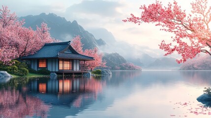 Obraz premium Tranquil Sunrise Over A House And Lake, Surrounded By Pink Blossoms And Misty Mountains