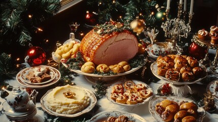 Naklejka premium Christmas Dinner Table Setting with Roasted Ham and Festive Dishes