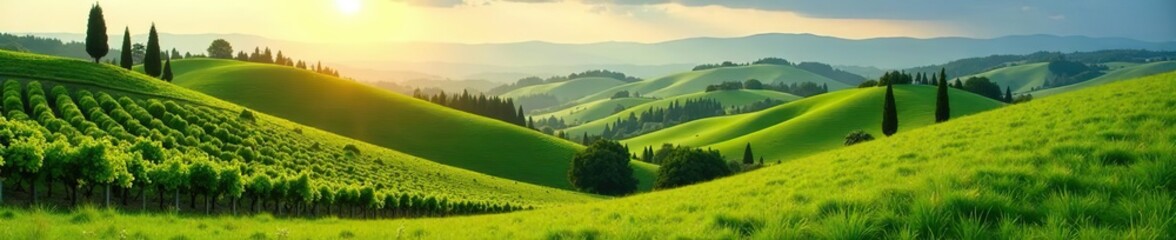 Rolling hills of lush green vineyards and cypress trees under the Tuscan sun in Orcia valley, Siena province, Tuscany, Italy,  rolling hills,  scenic