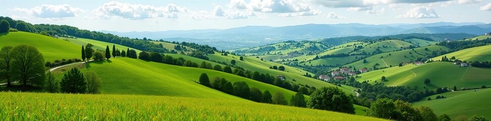Fototapeta premium Rolling hills of Alessandria province in Piedmont, Italy, offer picturesque views of vineyards, farms, and charming villages, countryside, rolling hills