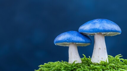 Two Vibrant Blue Fungi On Green Moss Against A Dark Blue Background