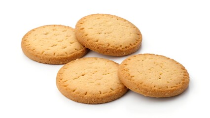 four round shortbread biscuits isolated on white.