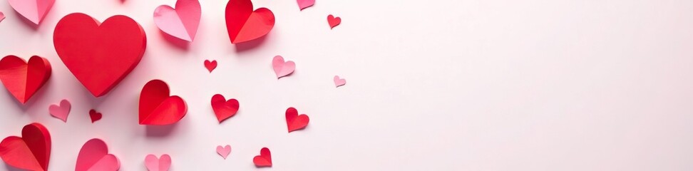 Romantic Valentine's Day background with red and pink paper hearts on white, top view image,  isolated,  decoration