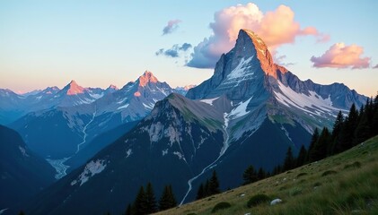 Fototapeta premium Triglav mountain peak bathed in golden sunrise light, with clear blue sky and scattered clouds, sunrise, picturesque