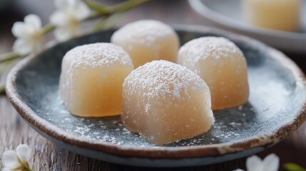Fototapeta premium Elegant Sweet Jelly Mochi with Dusted Surface on Decorative Plate