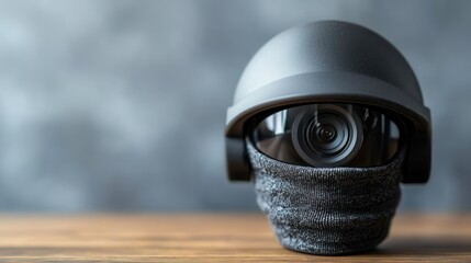 anti tracking anonymity concept. Security helmet with camera on a wooden surface.